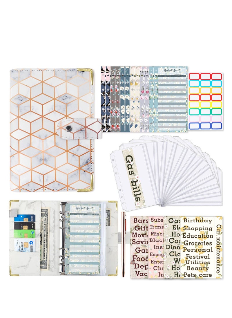 Generic Budget Binder, A6 Marble PU Leather Binder, Money Organizer Cash Envelopes Budget Planner with 12 Zipper Cash Envelopes, 12 Expense Budget Sheets for Budgeting, Saving Money  - Image 1