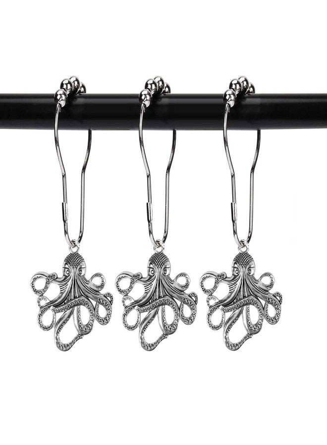 ZILucky Set of 12 Octopus Shower Curtain Hooks Decorative Home Bathroom Squid Sea Creature Beast Stainless Steel Rustproof Brushed Nickel Rings with Octopus Decorative Accessories (Silver) - Image 1