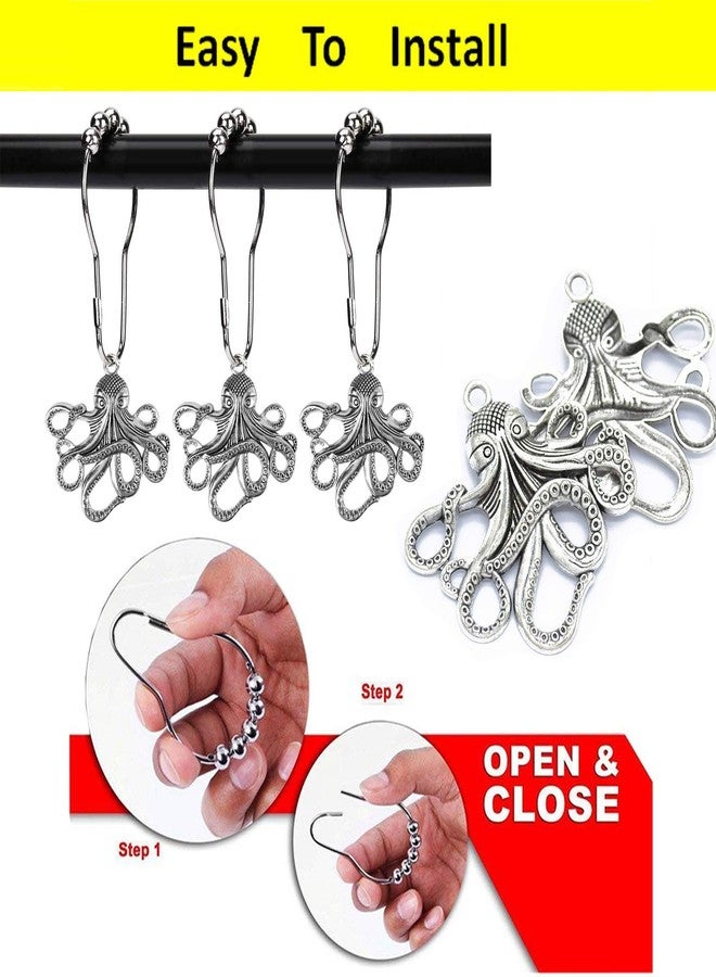ZILucky Set of 12 Octopus Shower Curtain Hooks Decorative Home Bathroom Squid Sea Creature Beast Stainless Steel Rustproof Brushed Nickel Rings with Octopus Decorative Accessories (Silver) - Image 5