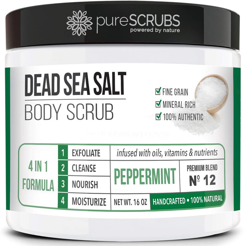 pureSCRUBS Premium Sea Salt Body Scrub Set - Large 16oz Peppermint Scrub With Infused Essential Oils & Nutrients, Includes Wooden Spoon, Loofah & Oatmeal Exfoliating Bar Soap - Image 1