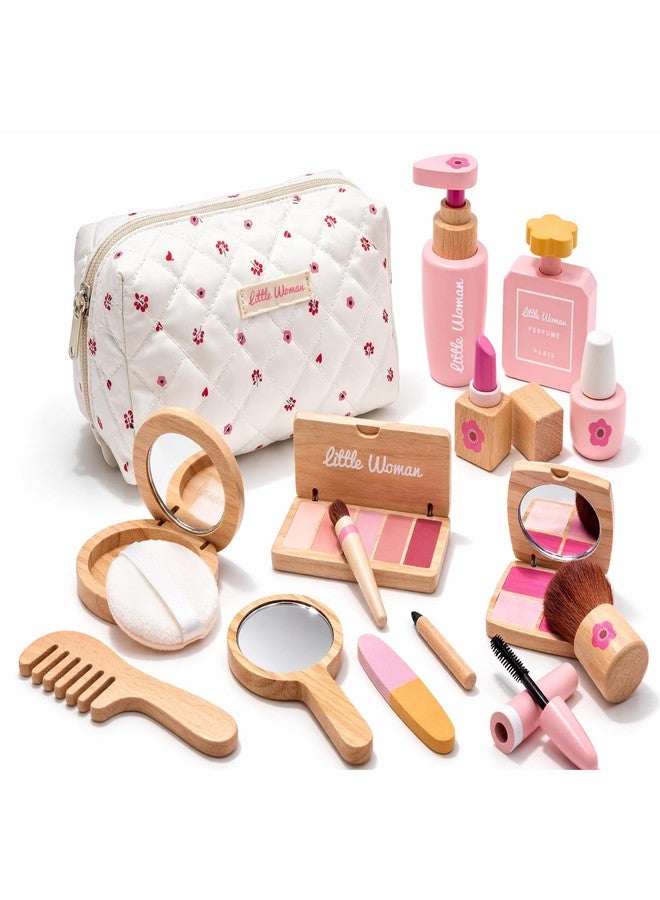 WUDLY® Wooden Makeup Toy Set for Girls, Lightweight Portable Play Beauty Kit with Soft Carry Bag, Safe Non-Toxic Wooden Cosmetic Accessories, Birthday Gift for Kids Age 3 4 5 6 7 8 Year Old - Image 1
