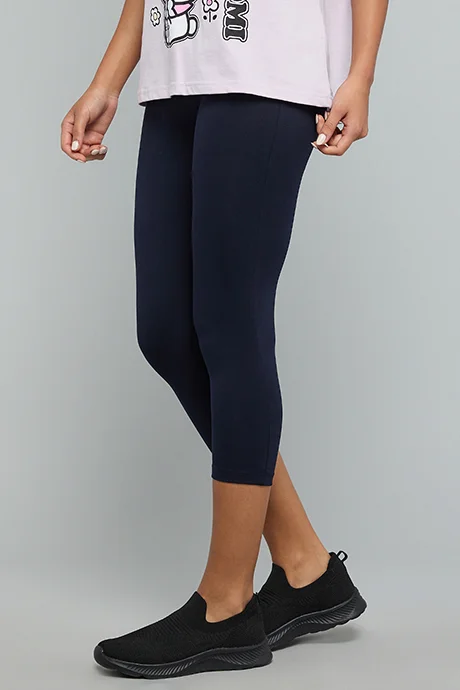 أر أند بي Solid 3/4 Leggings with Elastic Waist