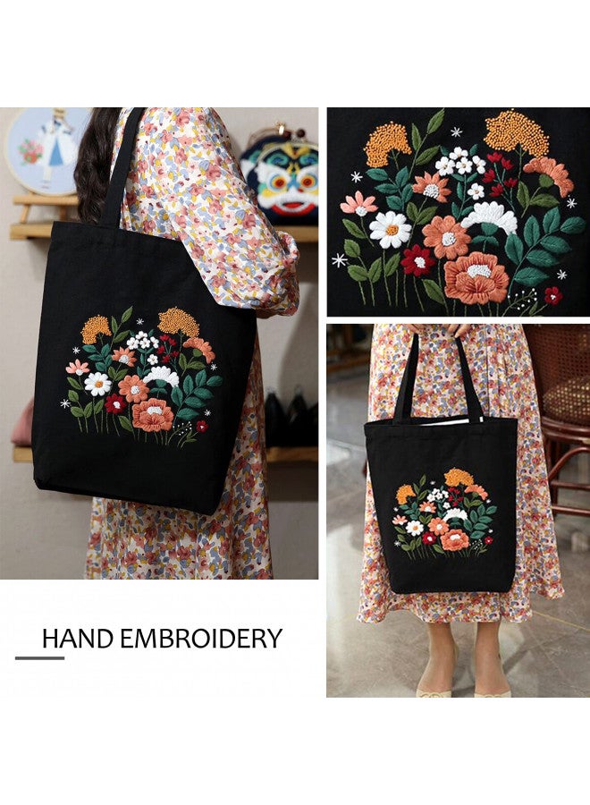 MAMUNU MAMUNU Canvas Tote Bag Embroidery Kit with Pattern for Beginners, Arts and DIY Crafts Kits for Adults, Include Instructions Embroidery Bag, Embroidery Hoops, Color Threads and Tool (Black) - Image 3