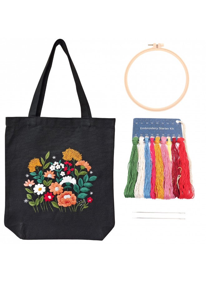 MAMUNU MAMUNU Canvas Tote Bag Embroidery Kit with Pattern for Beginners, Arts and DIY Crafts Kits for Adults, Include Instructions Embroidery Bag, Embroidery Hoops, Color Threads and Tool (Black) - Image 1