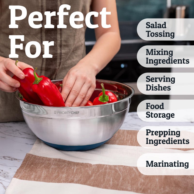Priority Chef 6Pc Large Mixing Bowls With Lids Set with Non-Slip Bases, Stainless Steel Mixing Bowl Set, 6 Airtight Lids and 3 Graters, Blue - Image 5