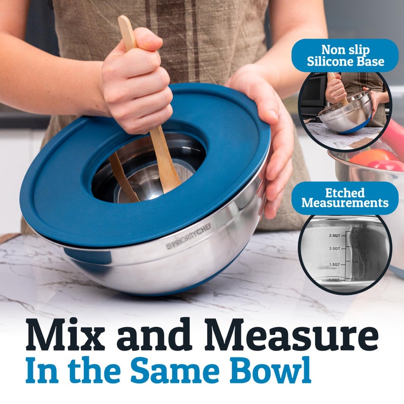 Priority Chef 6Pc Large Mixing Bowls With Lids Set with Non-Slip Bases, Stainless Steel Mixing Bowl Set, 6 Airtight Lids and 3 Graters, Blue - Image 3