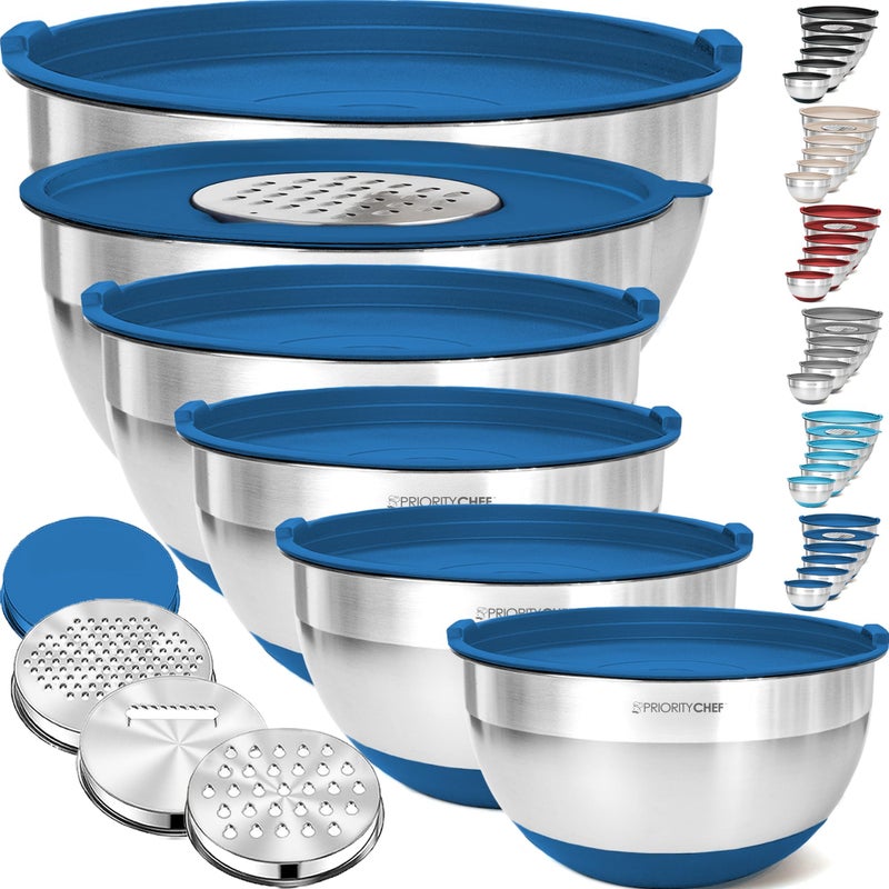 Priority Chef 6Pc Large Mixing Bowls With Lids Set with Non-Slip Bases, Stainless Steel Mixing Bowl Set, 6 Airtight Lids and 3 Graters, Blue - Image 1
