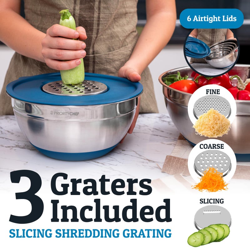 Priority Chef 6Pc Large Mixing Bowls With Lids Set with Non-Slip Bases, Stainless Steel Mixing Bowl Set, 6 Airtight Lids and 3 Graters, Blue - Image 4