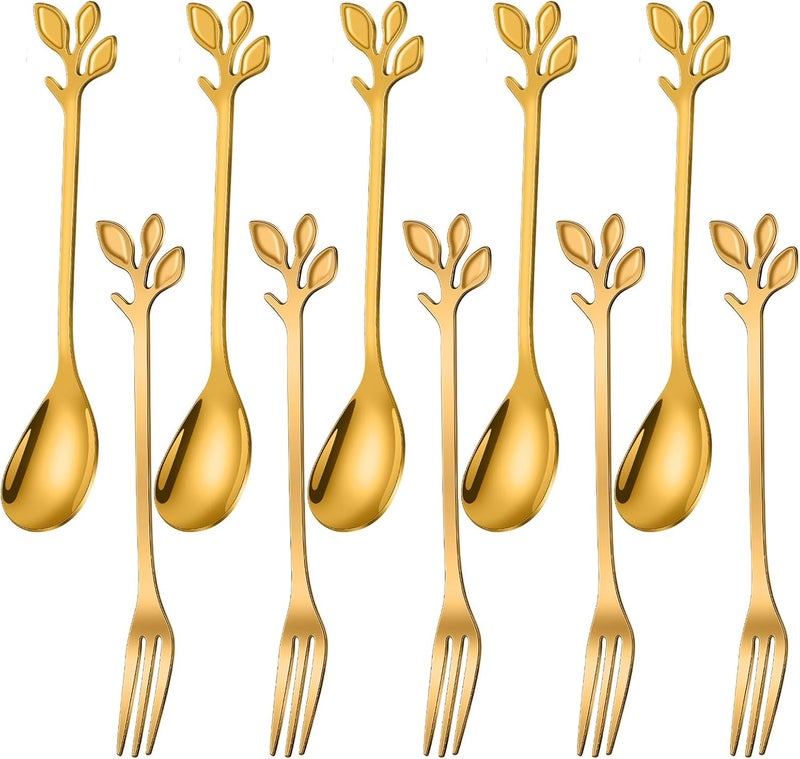 AnSaw Fixed delivery schedule 10-Pc Gold Mini Spoons & Forks Set, 4.7" - Stainless Steel, Leaf Handle, Ideal for Coffee,Tea, Appetizers, Tastings, Parties, Charcuterie & Cocktails | Stainless Steel,Ideal for Coffee,Tea, Dessert,Appetizers, Tastings, Parties, Charcuterie & Cocktails Multi-price design picks - Image 1