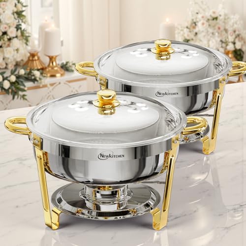 NEWKITCHEN Chafing Dishes for Buffet 2 Pack, 6QT Round Chafing Dishes for Buffet [Elegant Gold and Silver Colors] Stainless Steel Chafing Dish Buffet Set for Any Party - Image 1