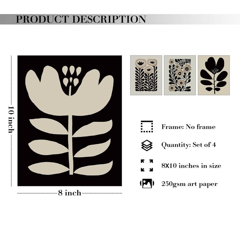 JXREQ Vinatge Boho Abstract Matisse Floral Wall Art, Mid Century Modern Abstract Black and Beige Floral Wall Decor for Home Kitchen Bedroom Bathroom Living Room, 8x10 Inch Unframed 4Pcs - Image 2