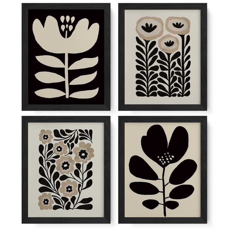 JXREQ Vinatge Boho Abstract Matisse Floral Wall Art, Mid Century Modern Abstract Black and Beige Floral Wall Decor for Home Kitchen Bedroom Bathroom Living Room, 8x10 Inch Unframed 4Pcs - Image 1