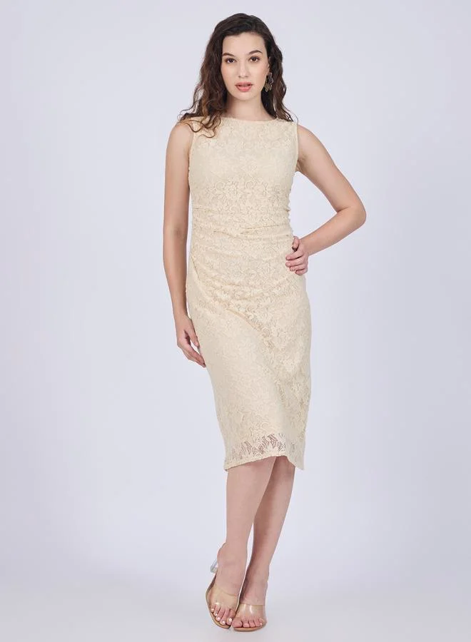 Outzidr  Beige Floral Lace Midi Dress for Women | Best Price UAE