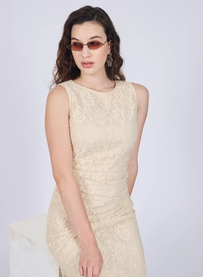 Outzidr  Beige Floral Lace Midi Dress for Women | Best Price UAE
