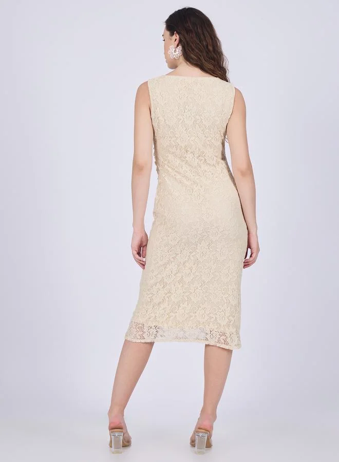 Outzidr  Beige Floral Lace Midi Dress for Women | Best Price UAE