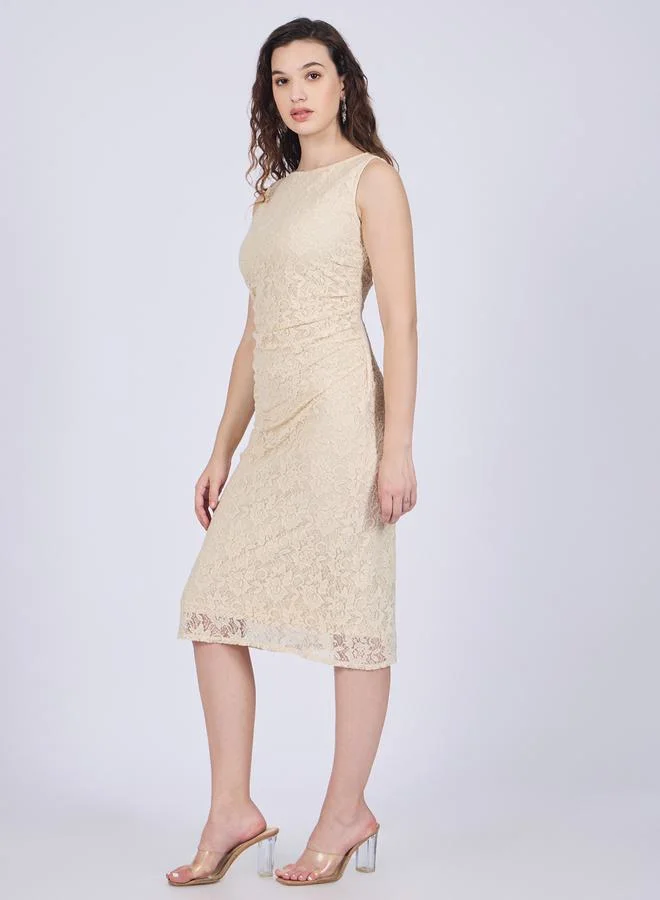 Outzidr  Beige Floral Lace Midi Dress for Women | Best Price UAE