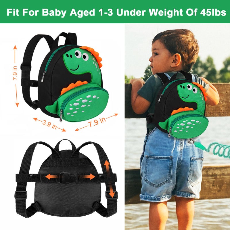 Accmor Toddler Backpack Harness with Safety Leash, Cute Dinosaur Harnesses with Kids Anti Lost Wrist Link, Mini Child Schoolbag with Wristband Tether Strap and Protection Leashes for Baby boys (Black) - Image 3