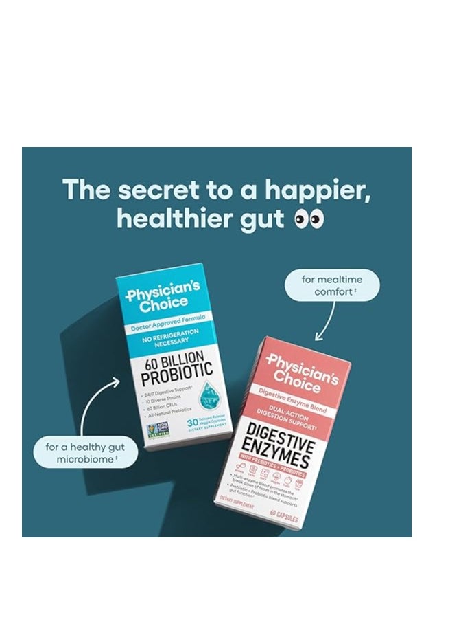 Physician's CHOICE - Physician's CHOICE Probiotics 60 Billion CFU - 10 Strains + Organic Prebiotics - Immune, Digestive & Gut Health - Supports Occasional Constipation, Diarrhea, Gas & Bloating - for Women & Men - 60 Capsules - Image 1