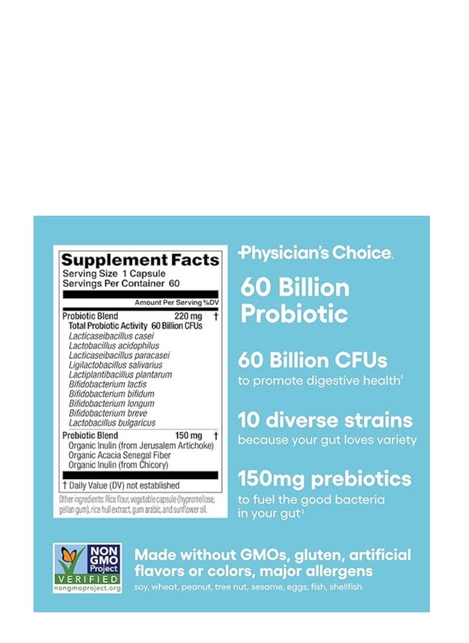Physician's CHOICE - Physician's CHOICE Probiotics 60 Billion CFU - 10 Strains + Organic Prebiotics - Immune, Digestive & Gut Health - Supports Occasional Constipation, Diarrhea, Gas & Bloating - for Women & Men - 60 Capsules - Image 1