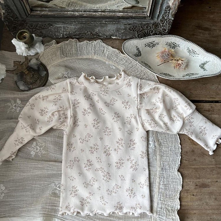Baby mid-collar wooden ear puff sleeve T-shirt 2024 South Korea children's clothing girls' top baby girls' autumn bottoming shirt - Image 1