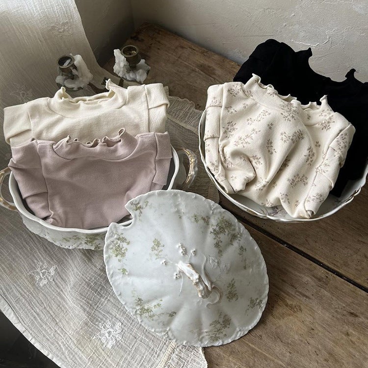 Baby mid-collar wooden ear puff sleeve T-shirt 2024 South Korea children's clothing girls' top baby girls' autumn bottoming shirt - Image 4