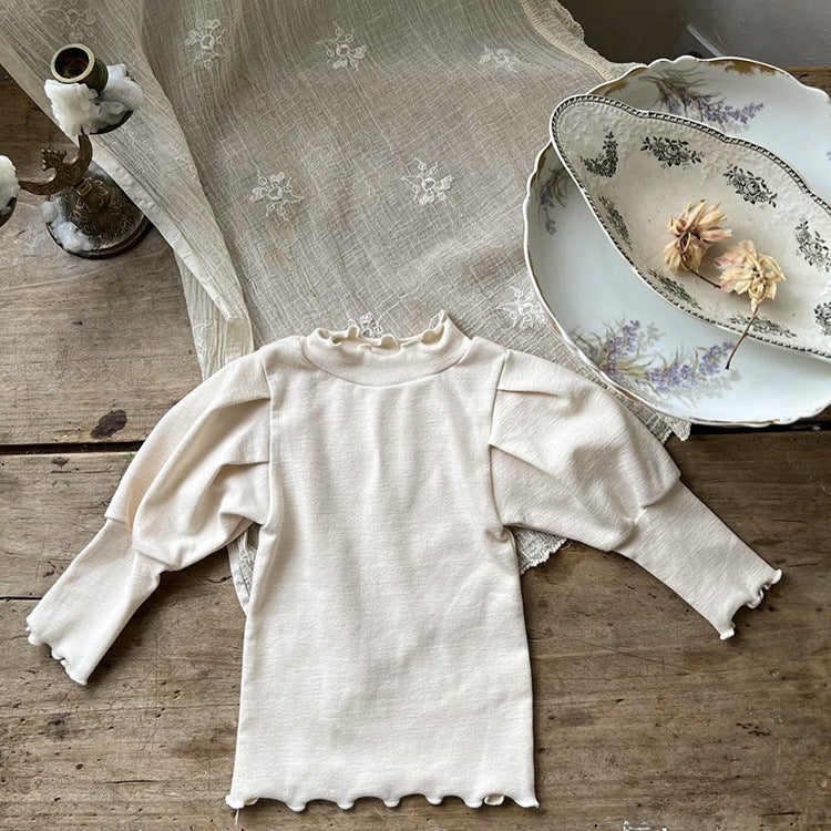 Baby mid-collar wooden ear puff sleeve T-shirt 2024 South Korea children's clothing girls' top baby girls' autumn bottoming shirt - Image 5