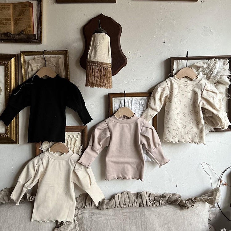 Baby mid-collar wooden ear puff sleeve T-shirt 2024 South Korea children's clothing girls' top baby girls' autumn bottoming shirt - Image 2