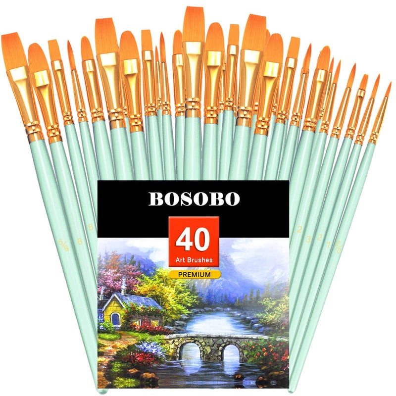 BOSOBO Paint Brushes Set 4 Pack 40 Pcs Round Pointed Tip Paintbrushes Nylon Hair Artist Acrylic Paint Brushes for Acrylic Oil Watercolor Face Nail Art Miniature Detailing Rock Painting Green - Image 2