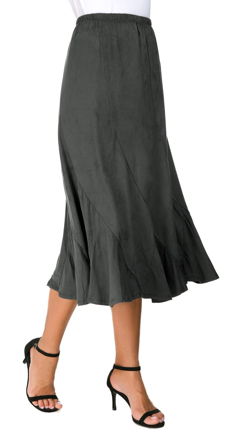 EXCHIC Women's Elegant Ankle Length Ruffle Hem Elastic Waist Suede Midi Skirt (M, Dark Grey) - Image 2