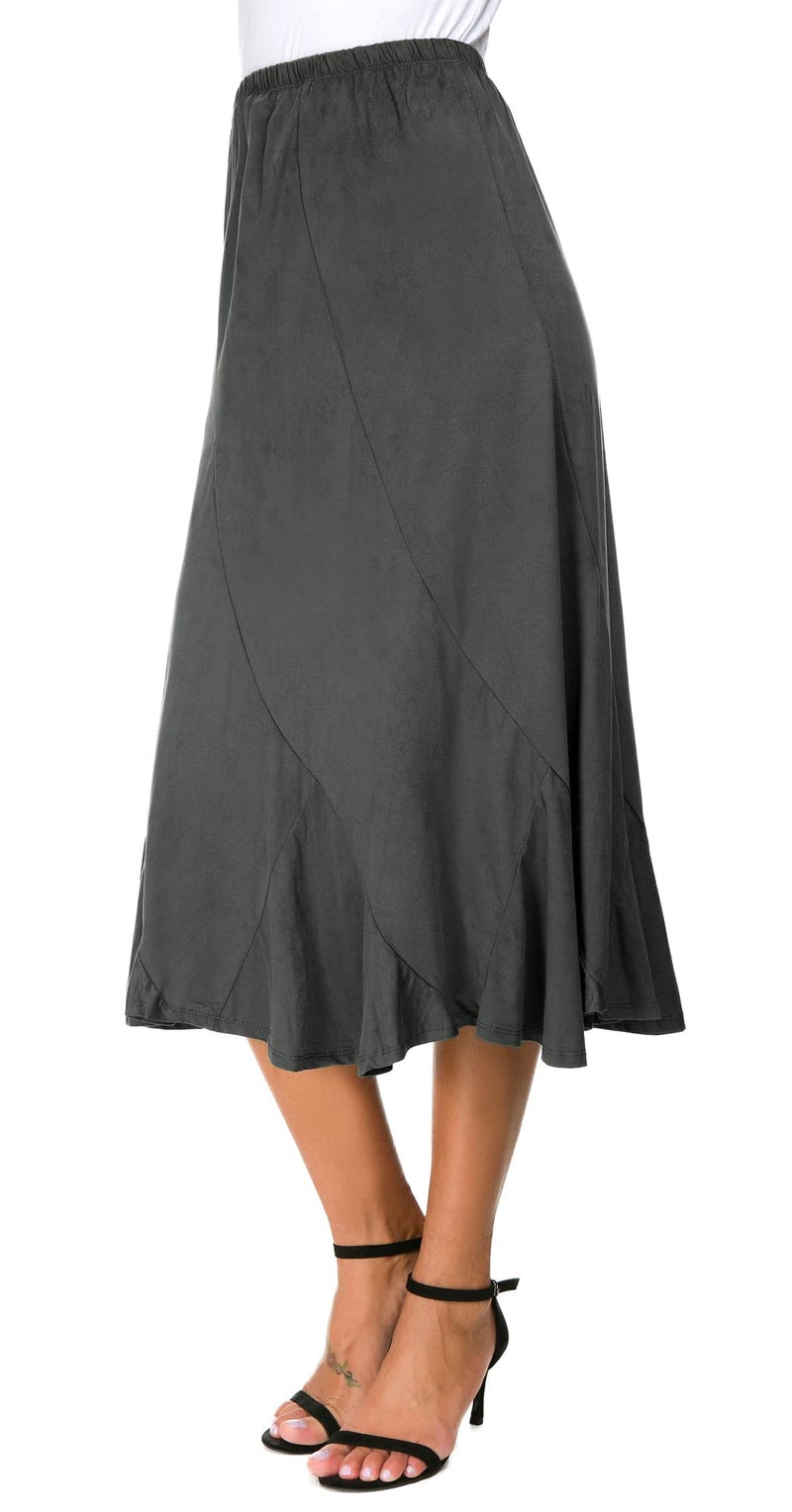 EXCHIC Women's Elegant Ankle Length Ruffle Hem Elastic Waist Suede Midi Skirt (M, Dark Grey) - Image 1