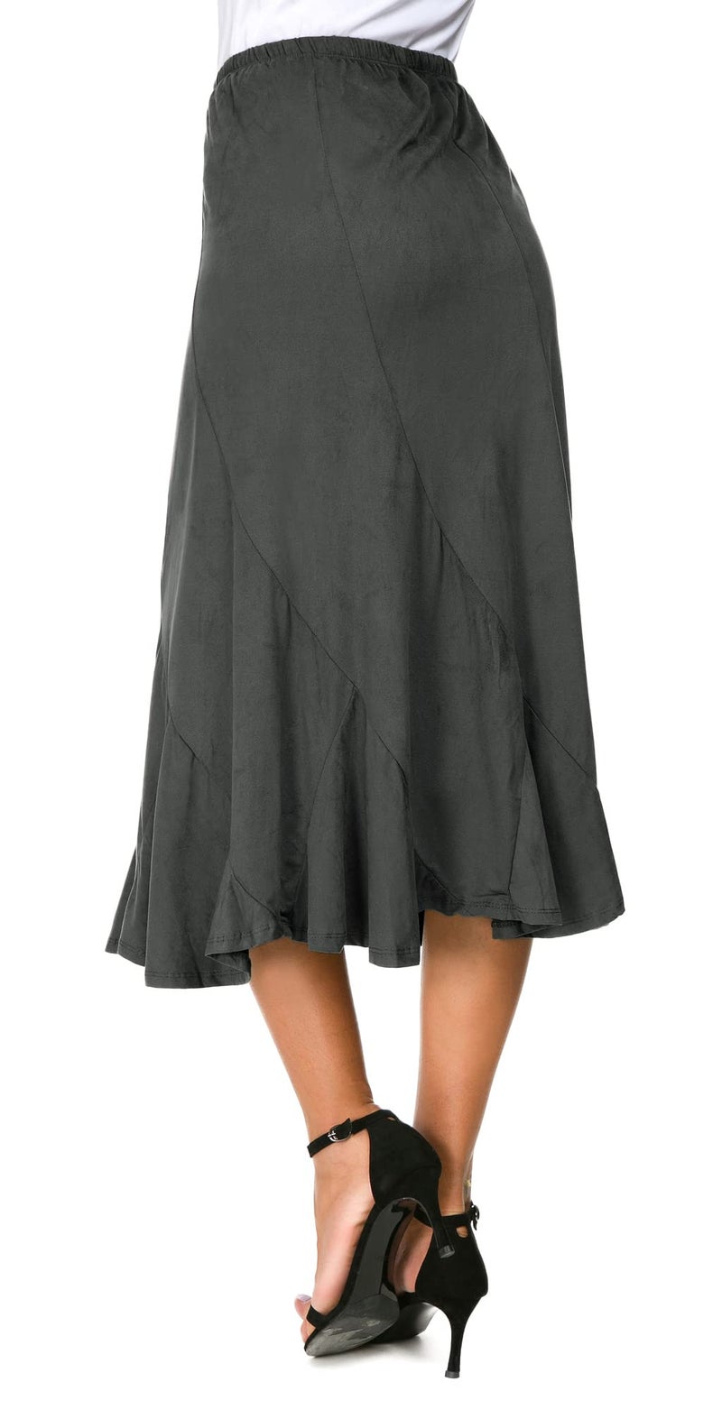 EXCHIC Women's Elegant Ankle Length Ruffle Hem Elastic Waist Suede Midi Skirt (M, Dark Grey) - Image 3