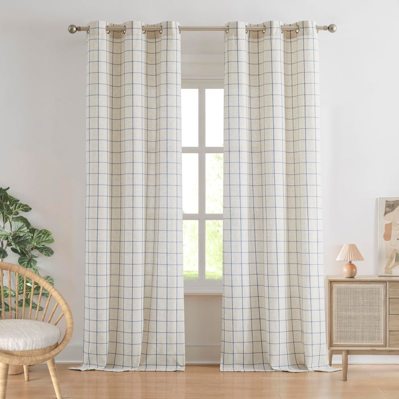 Bapawfish Buffalo Plaid Curtain Panels 84 Inches Long,Woven Dusty Blue Stripes on Beige Linen Blended Light Filtering Fabric,Farmhosue Window Treatment for Bedroom,40" Wx84 Lx2 - Image 1