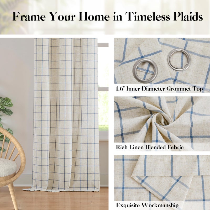 Bapawfish Buffalo Plaid Curtain Panels 84 Inches Long,Woven Dusty Blue Stripes on Beige Linen Blended Light Filtering Fabric,Farmhosue Window Treatment for Bedroom,40" Wx84 Lx2 - Image 2