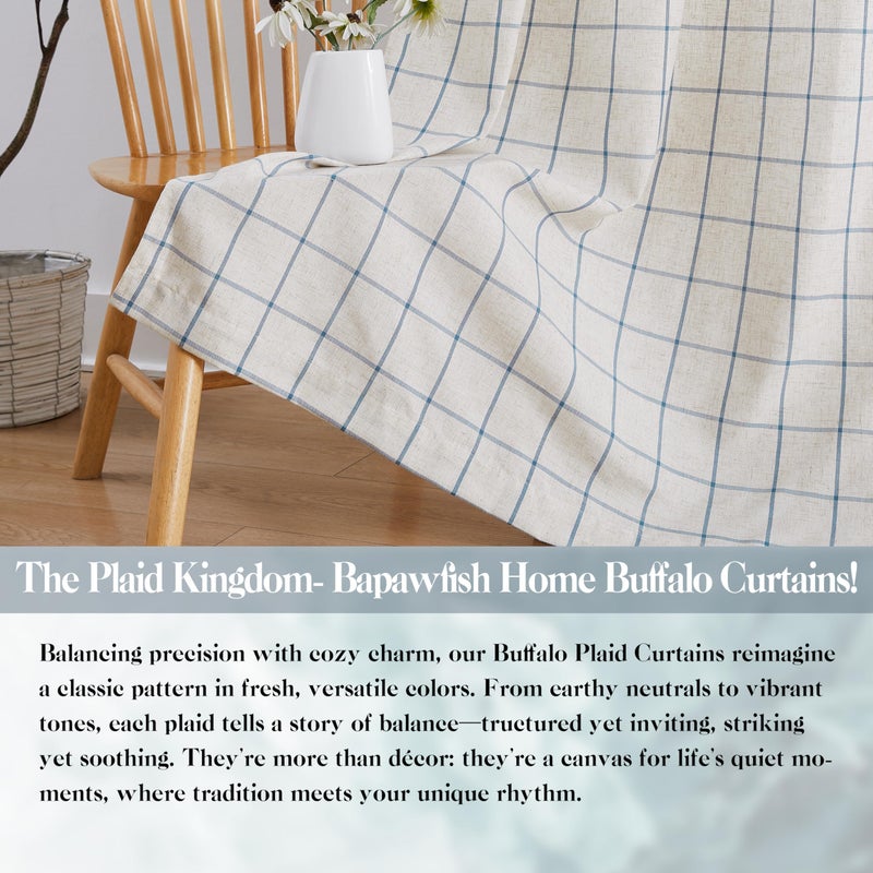 Bapawfish Buffalo Plaid Curtain Panels 84 Inches Long,Woven Dusty Blue Stripes on Beige Linen Blended Light Filtering Fabric,Farmhosue Window Treatment for Bedroom,40" Wx84 Lx2 - Image 5