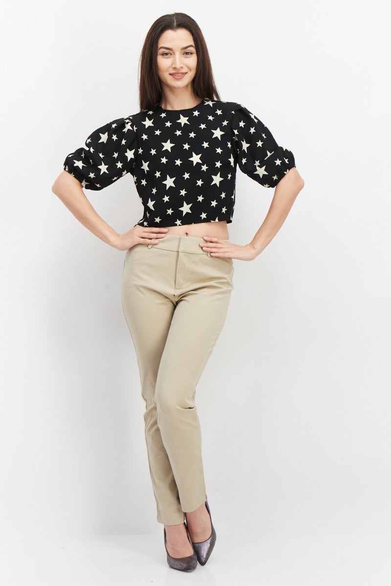 John Zack بلوزة قصيرة بأكمام منتفخة وياقة دائرية للنساء، مطبوعة بالكامل، سوداء - Image 3