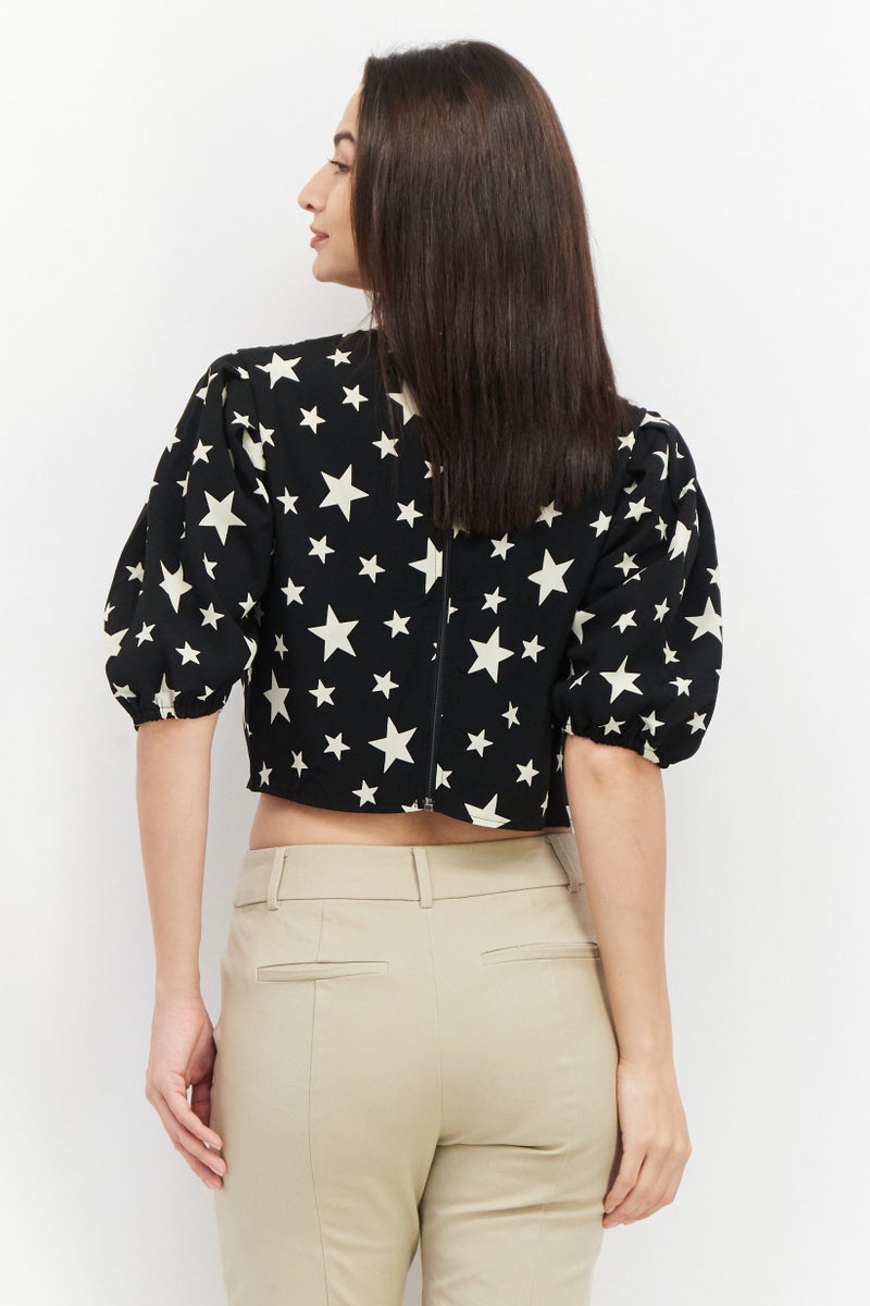 John Zack بلوزة قصيرة بأكمام منتفخة وياقة دائرية للنساء، مطبوعة بالكامل، سوداء - Image 2