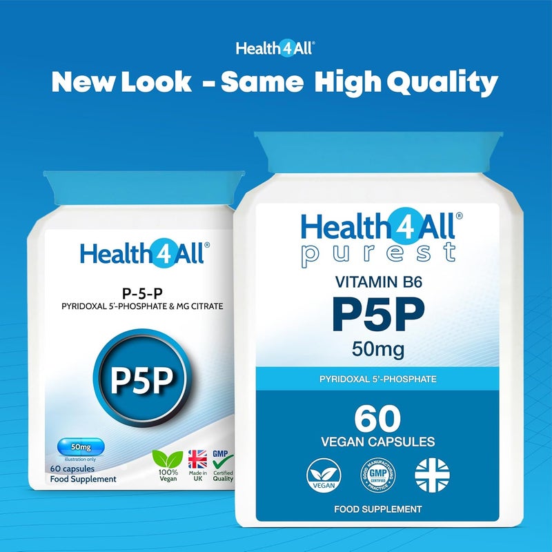 Health4All P5P 50mg 60 Capsules 2 Month Supply Biologically Active Vitamin B6 P5P Pyridoxal 5Phosphate with Magnesium Citrate for Tiredness Fatigue Pure Vegan P5P Supplement Made in UK - Image 2