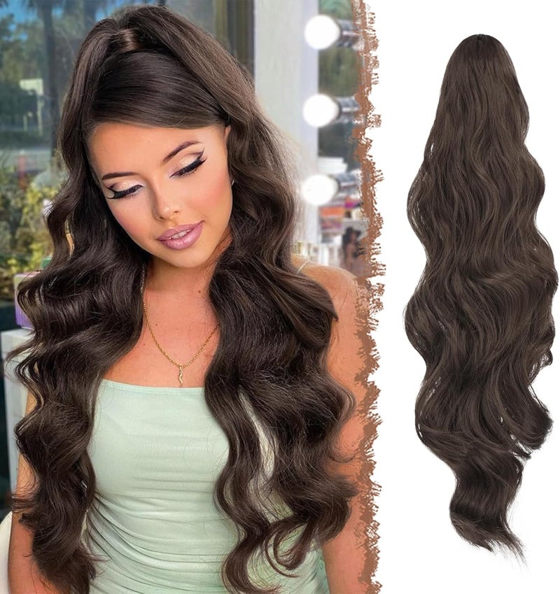 FESHFEN Long Ponytail Extension Curly Wavy Clip in Synthetic Hairpieces Drawstring Ponytail Pony Tail Hairpiece Hair Pony Extension for Women Girls 24 inch Medium Chestnut Brown