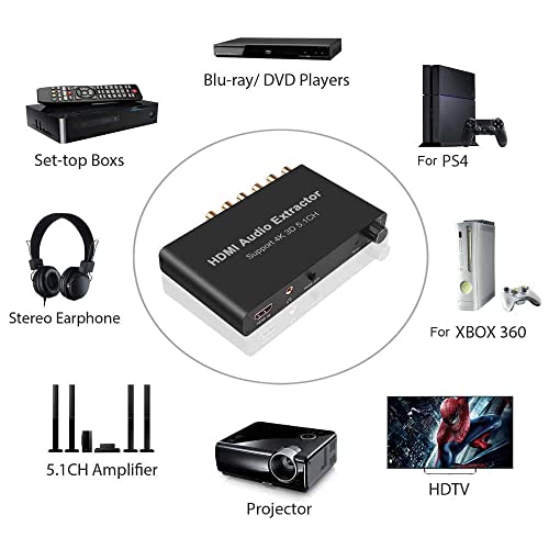 VOOCME HDMI Audio Extractor 5.1CH 4K 3D Coaxial to RCA AC3/DST to 5.1 Amplifier Analog Converter for PS4 DVD Player HDTV (Not Support ARC) - Black - Image 2
