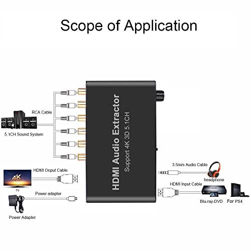 VOOCME HDMI Audio Extractor 5.1CH 4K 3D Coaxial to RCA AC3/DST to 5.1 Amplifier Analog Converter for PS4 DVD Player HDTV (Not Support ARC) - Black - Image 5