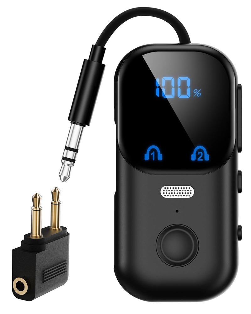 daskmenbo Bluetooth 5.4 Transmitter Receiver aptX Adaptive for 2 AirPods/Headphones, 2-in-1 Bluetooth Audio Adapter with Mic & LED Display for TV, Airplane Travel, 3.5mm AUX Wireless Adapter for Car/Home Stereo - Image 1