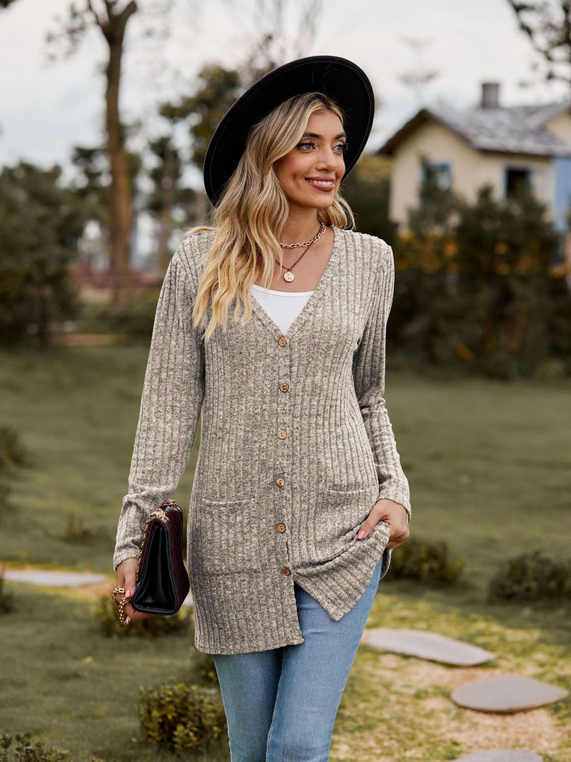 Witsmile Cardigan Sweaters for Women Cozy Lightweight Open Front Long Cardigan Shacket with Pockets(Khaki, Medium) - Image 3