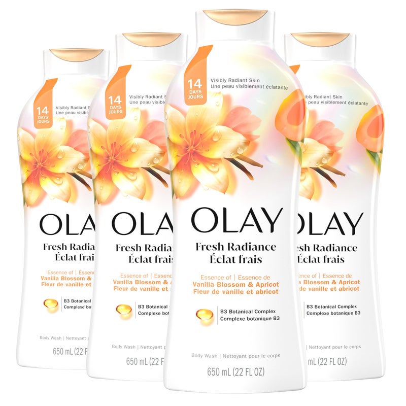 Olay Body Wash for Women, Fresh Radiance, Refreshing & Renewing, Made with Plant Based Cleansers, B3 Botanical Complex, For All Skin Types, Vanilla Blossom & Apricot Scent, 22 fl oz (Pack of 4) - Image 1