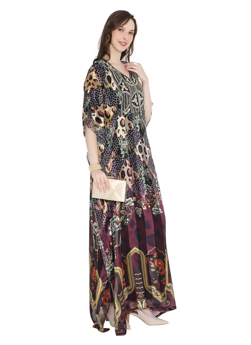 HANA & SARA SATIN SILK STRIPE PRINTED WITH SHINY EMBROIDERY FARASHA KAFTAN JALABIYA WITH HIGH NECK COLLAR