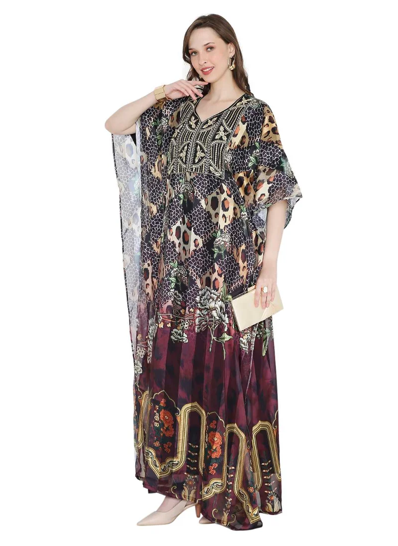 HANA & SARA SATIN SILK STRIPE PRINTED WITH SHINY EMBROIDERY FARASHA KAFTAN JALABIYA WITH HIGH NECK COLLAR