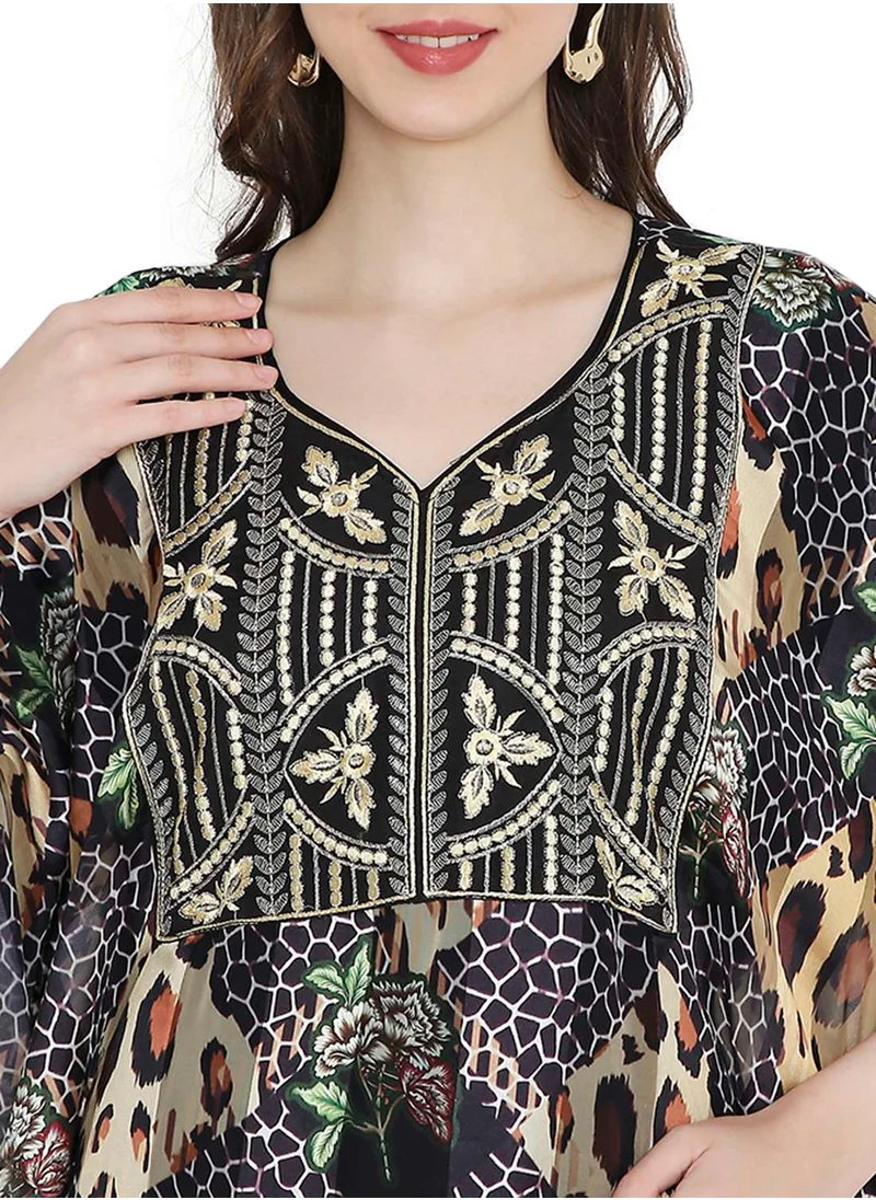 HANA & SARA SATIN SILK STRIPE PRINTED WITH SHINY EMBROIDERY FARASHA KAFTAN JALABIYA WITH HIGH NECK COLLAR