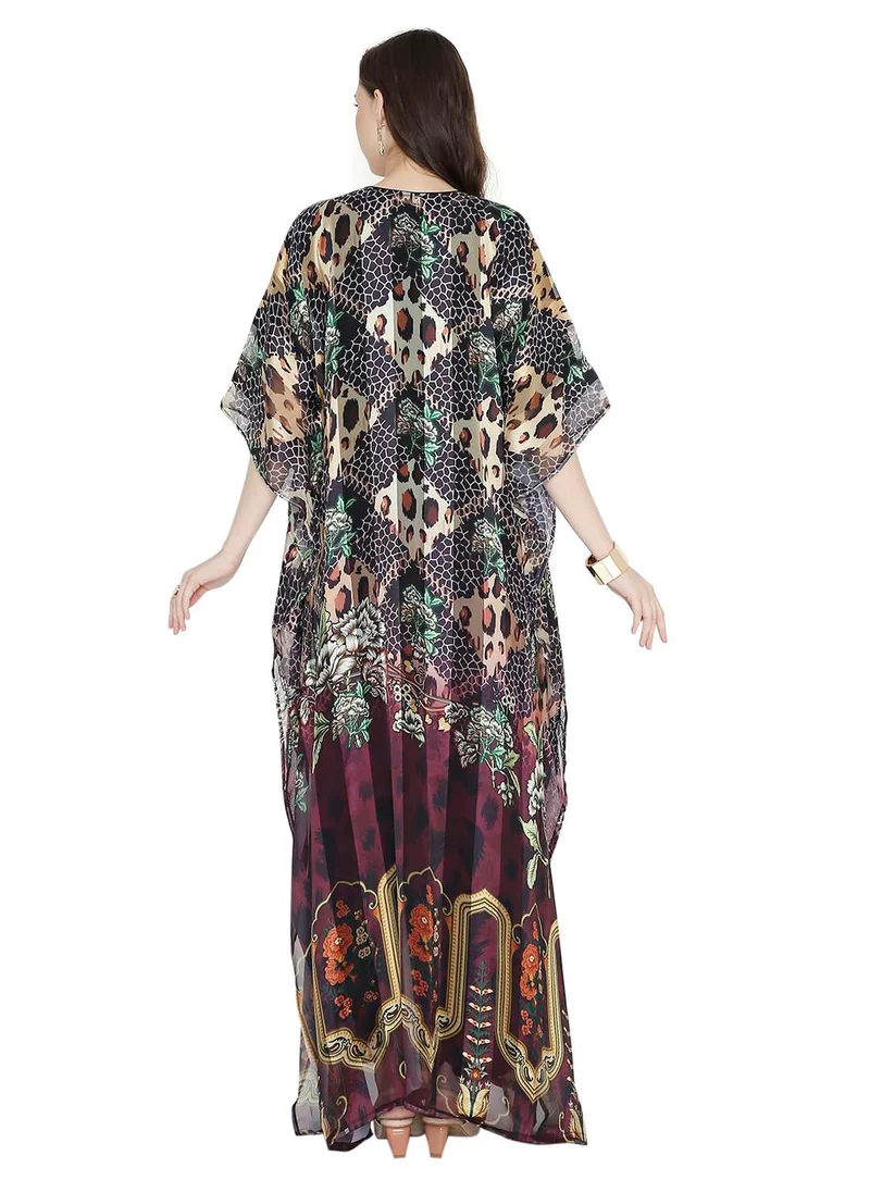 HANA & SARA SATIN SILK STRIPE PRINTED WITH SHINY EMBROIDERY FARASHA KAFTAN JALABIYA WITH HIGH NECK COLLAR