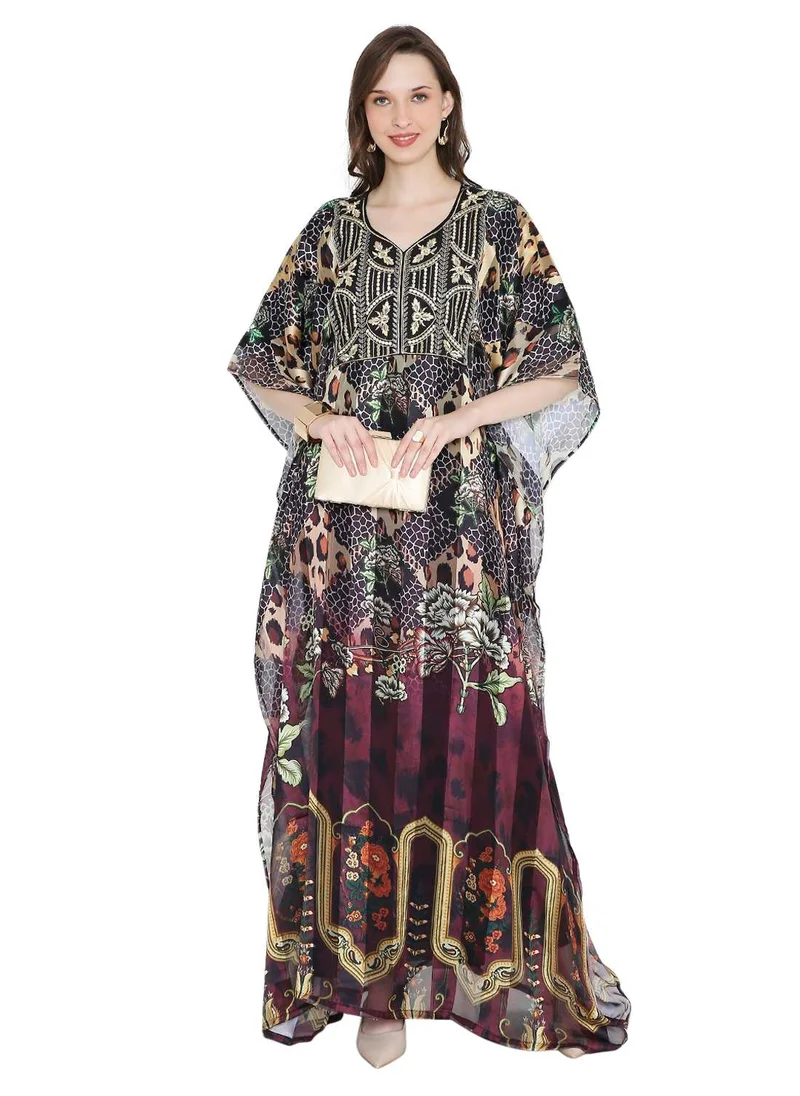 HANA & SARA SATIN SILK STRIPE PRINTED WITH SHINY EMBROIDERY FARASHA KAFTAN JALABIYA WITH HIGH NECK COLLAR
