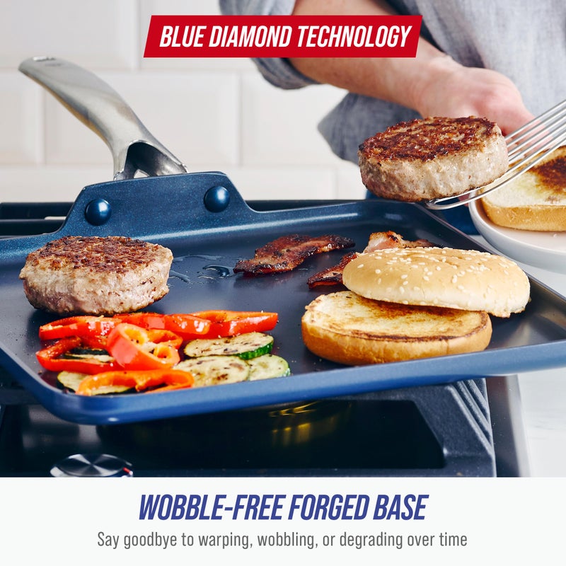 Blue Diamond 11" Nonstick Square Griddle Pan, Non Toxic PFAS-Free Diamond Ceramic, Dishwasher & Oven Safe, Even Heating, Metal Utensil Safe, Warp Control, Blue - Image 4