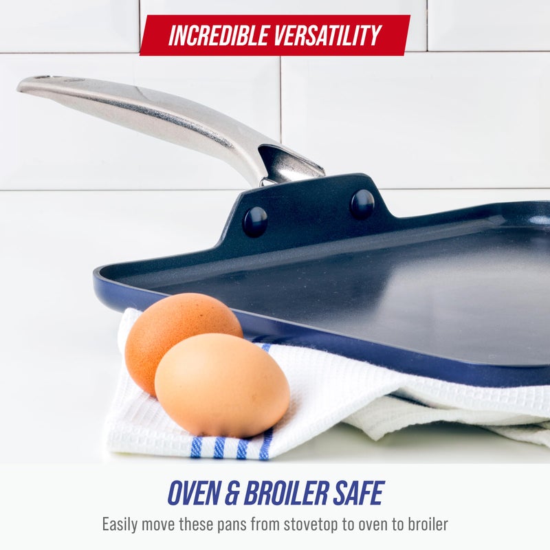 Blue Diamond 11" Nonstick Square Griddle Pan, Non Toxic PFAS-Free Diamond Ceramic, Dishwasher & Oven Safe, Even Heating, Metal Utensil Safe, Warp Control, Blue - Image 3